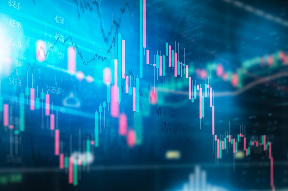 Financial market candlestick chart featuring green (bullish) and red/pink (bearish) candles on a cyan-blue gradient background, illustrating high market volatility. Dynamic light effects and semi-transparent trend lines (e.g., moving averages, support/resistance) emphasize rapid price fluctuations and trading intensity.